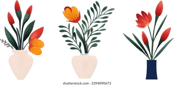 set of illustrations of flower vase elements
