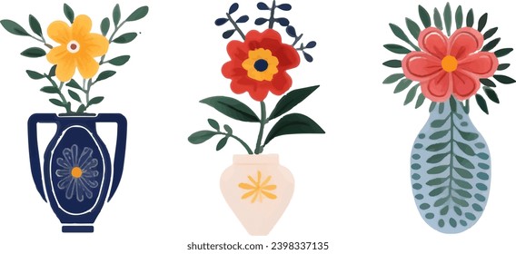 set of illustrations of flower vase elements