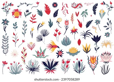 Set of illustrations with flowers and plants in Asian cartoon style. Comic illustration