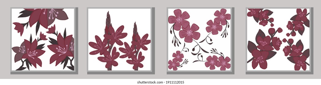 Set of illustrations - flowers. Set of posters with flowers. Pictures of plants. Bright flowers. Leaves. Vector image of plants. Set of illustrations. Abstract pictures of flowers.