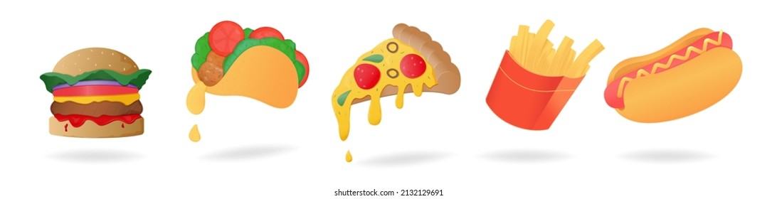 Set of illustrations of food (fast food).Unhealthy eating concept. Food is above the ground casting a shadow.Stock vector illustration. Isolated white background.