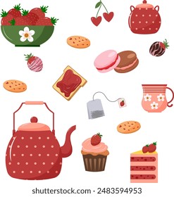 Set of illustrations with food. Fresh strawberries, teapot and cup, toast with jam. Cookies and macaroons, a piece of cake. Vector illustration