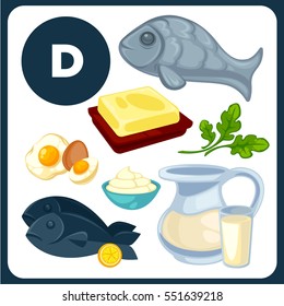 Set with illustrations of food with vitamin D. Ingredients for health: egg, fish, butter, cream, milk. Healthy nutrition, diet with D sources. Vector icons in cartoon design, isolated on white