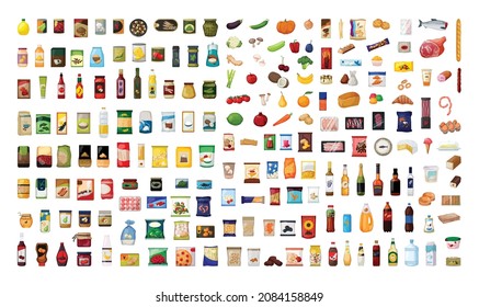 Set of illustrations of foods, drinks, nutritional supplements in a detailed style.