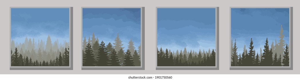 Set of illustrations with forest. Blue sky with clouds. Trees. Nature and forest. Wildlife. Scenery. Vector illustration of nature. Pictures with forest and sky.