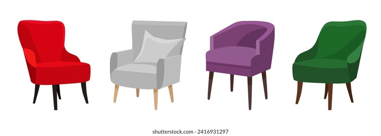 Set of illustrations of four vector armchairs isolated on a white background