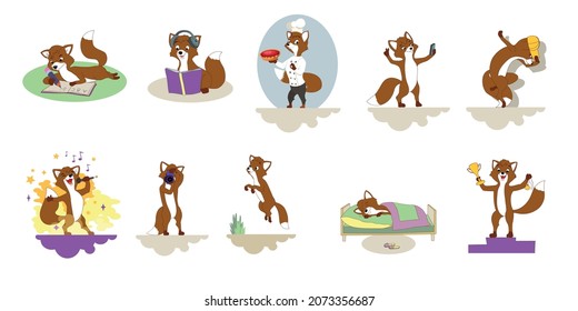 Un conjunto de ilustraciones de un zorro mostrando su vida diaria, actividades y aficiones.
Ilustración vectorial plana de color aislada en fondo blanco.