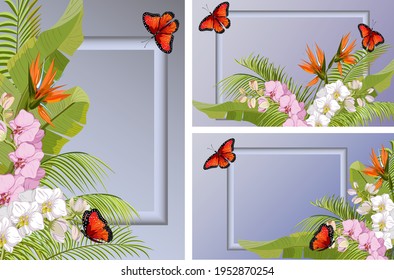 Set of illustrations with frames and flowers.Tropical flowers and frames in a collection of color vector illustrations.