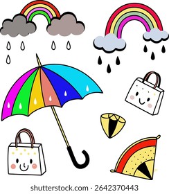 A set of illustrations and frames of rainy days and the rainy season. Umbrella, decoration, ornament, rainy day, rain gear, weather, rain clouds