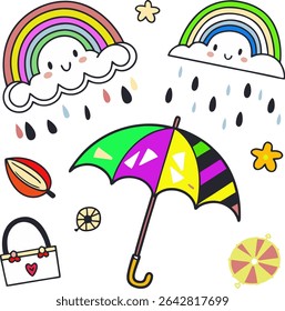 A set of illustrations and frames of rainy days and the rainy season. Umbrella, decoration, ornament, rainy day, rain gear, weather, rain clouds