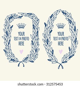 Set of illustrations with frames. Template for text or photo. Sketch. Freehand drawing. Foliage. 