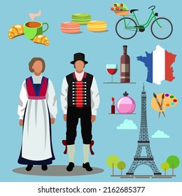  Set of illustrations - France. Characters in national costumes. Croissants with a cup of coffee, macaroons, baguette. Eiffel Tower, and other symbols of France. Vector illustration
