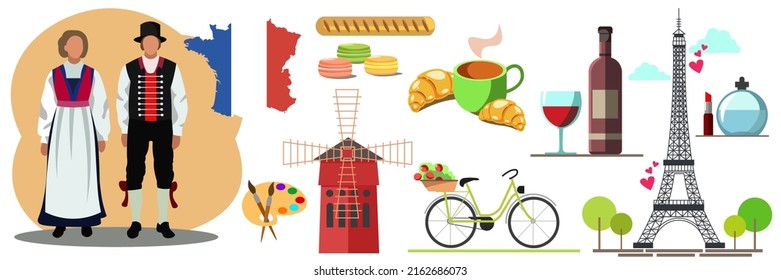 Set of illustrations - France. Characters in national costumes. Croissants with a cup of coffee, macaroons, baguette. Eiffel Tower, and other symbols of France. Vector illustration