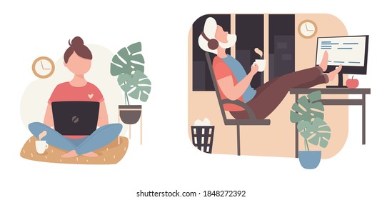 Set of illustrations. Freelance, work at home and in the office.