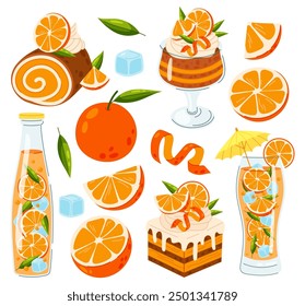 Conjunto de ilustraciones de postres de naranja fresca, naranja y bebidas en estilo plano. Diseño de dibujos animados planos para tarjetas y pegatinas, invitación de cumpleaños.