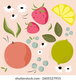 Set of illustrations with fresh summer and spring fruits. Refreshing fruits. Pictures for stickers. Background images with fruits. Lime lemon blueberry and strawberry. Bright postcard screensaver for 