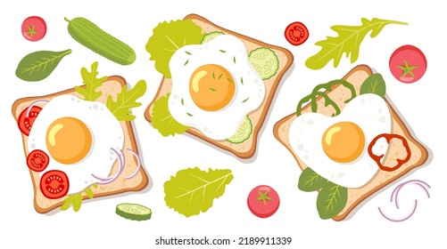 A set of illustrations with fried eggs on toast with tomatoes and paprika. Vector clipart.