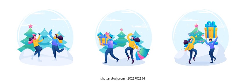 Set of illustrations. Friends do Christmas shopping, meet friends, have a fun holidays. 2D Characters