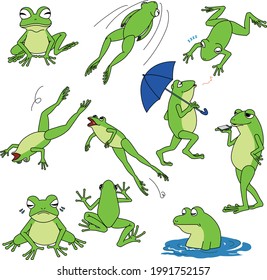 Un conjunto de ilustraciones de ranas en 10 poses diferentes