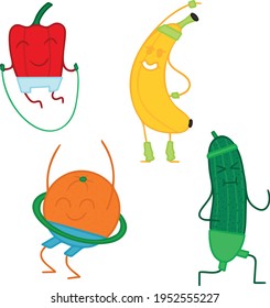 Set of illustrations of fruits and vegetables adhering to a healthy lifestyle. Various sports: running hula hoop jumping rope gymnastics. Vector illustration.