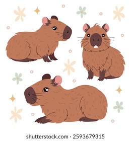 Set illustrations funny capybaras with decorative elements. Cute capybara. Kawaii hand drawn capibara for sticker, postcard, tshirt, print design