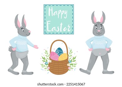 Set illustrations of funny cartoon Bunnies in a knitted sweater. Happy easter lettering. Easter basket with eggs. Vector illustration in flat style isolated on white background.