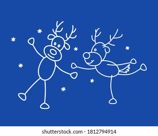 Conjunto de ilustraciones con ciervos bailarines divertidos. Ilustración vectorial de invierno con animales. Doodle vectorial de ciervo lindo en un fondo azul. Plantilla para patrón, postal, impresión, impresión, textil, tela.
