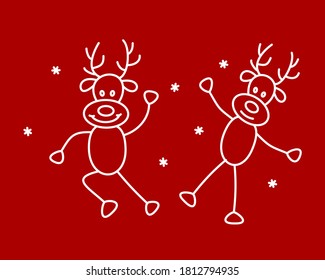 Set of illustrations with funny dancing deer. Winter vector illustration with animals. Vector doodle of cute deer on a red background. Template for pattern, postcard, print, print, textile, fabric.