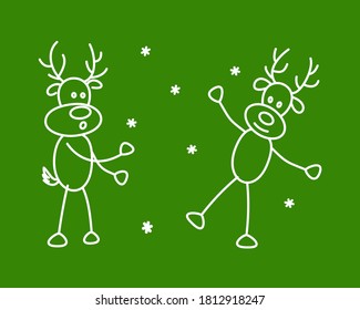 Conjunto de ilustraciones con ciervos bailarines divertidos. Ilustración vectorial de invierno con animales. Doodle vectorial de ciervo lindo en un fondo verde. Plantilla para patrón, postal, impresión, impresión, textil, tela.
