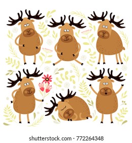 Set of illustrations with funny deer. Various poses. Can be used for scrapbook, postcards, stickers, print, etc.