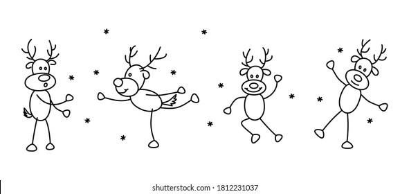 Conjunto de ilustraciones con ciervos graciosos. Invierno. Dibujos vectoriales de ciervo lindo sobre un fondo blanco. Plantilla para patrón, postal, impresión, impresión, textil, tela, embalaje.