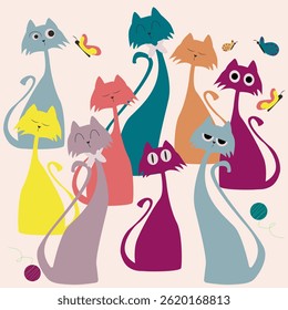 set of illustrations funny domestic cats, Stickers with pets with long necks and funny faces. Graceful cats for stickers, decals. posters, icons, for screensavers, for covers cartoon