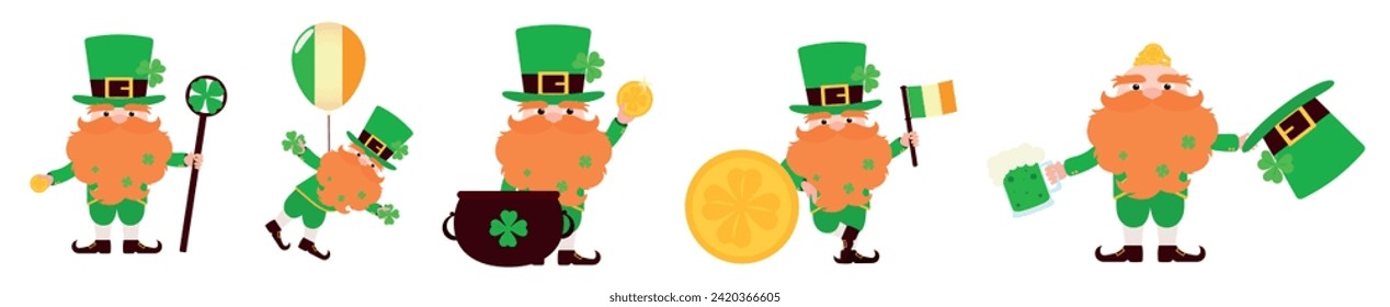Set of illustrations with funny leprechauns. Leprechauns with gold coins, a balloon, a drink, a flag, a pot and with a staff. Vector illustration.