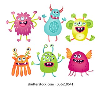 Set of illustrations with funny monsters. Cartoon