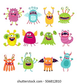 Set of illustrations with funny monsters. Cartoon