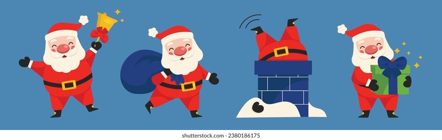 Set of illustrations with funny Santa Claus. Santa is ringing the bell, standing in the chimney, carrying a bag of gifts and holding a gift box. Vector graphic.