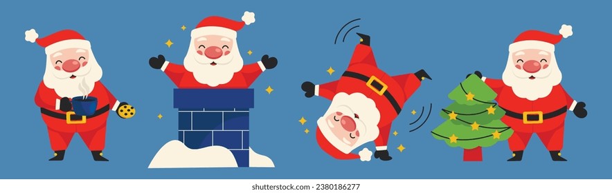  Set of illustrations with funny Santa Claus. Santa eats cookies and drinks coffee, looks out of the chimney, does somersaults, and decorates the Christmas tree. Vector graphic.