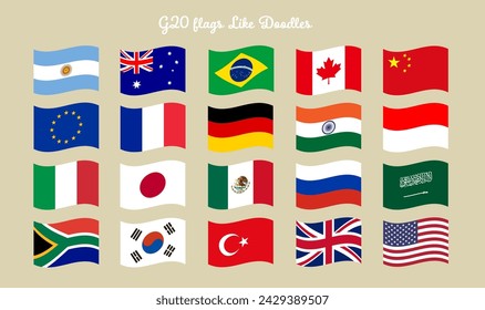 A set of illustrations of the G20 flags with a hand-drawn touch