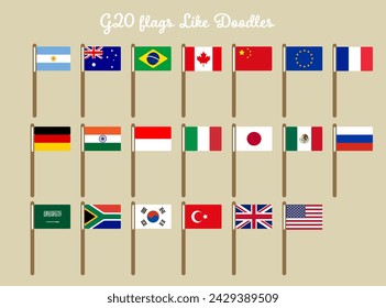 A set of illustrations of the G20 flags with a hand-drawn touch