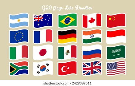 A set of illustrations of the G20 flags with a hand-drawn touch