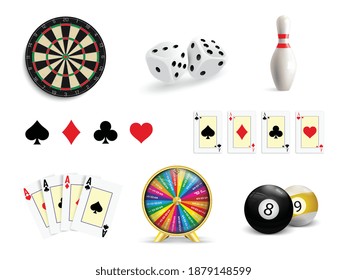 Conjunto de ilustraciones de juego. Poker, Casino, Dardos, Bowling, Rueda de la Fortuna y Dice. Iconos de juego establecidos. Ilustración vectorial.