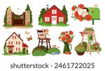 A set of illustrations of garden scenes with houses, blooming flowers, trees, a poppy bouquet, a fence with a gate, a mailbox, a vintage chair and others. Vector clipart.
