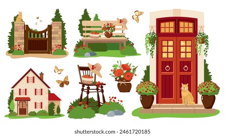 A set of illustrations of garden scenes with houses, blooming flowers, trees, a bench, a fence with a gate, an entrance door, a sitting cat and others. Vector illustration.