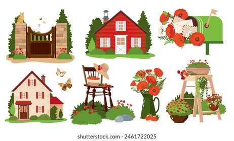 A set of illustrations of garden scenes with houses, blooming flowers, trees, a poppy bouquet, a fence with a gate, a mailbox, a vintage chair and others. Vector clipart.
