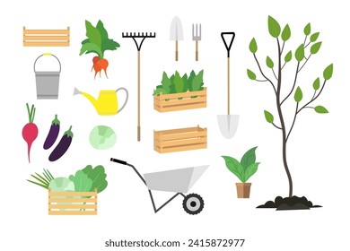 Set of illustrations of garden tools and plants isolated on white background. Wheelbarrow, boxes, watering can, etc. Vector illustration.