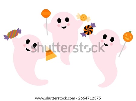 Set of illustrations of ghosts with sweets. Happy Halloween. Three flying ghost spirit set. Scary white ghosts family. Cute cartoon spooky character Smiling face cheeks
