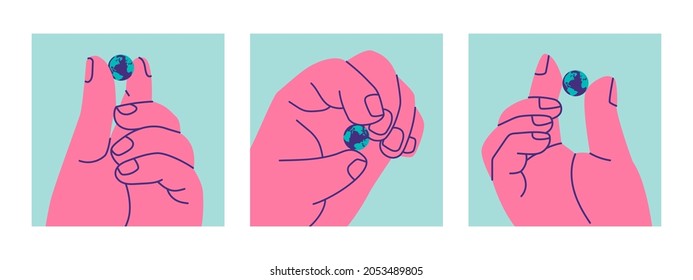 Set of illustrations of giant human hand holding the planet Earth with two fingers. Protection and preservation of the environment. Concept of fragility of the world.