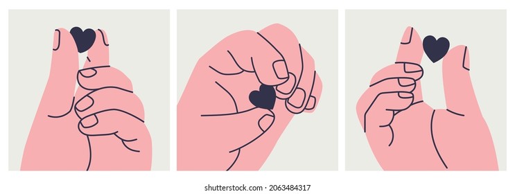 Set of illustrations of a giant human hand holding a heart with two fingers. Vector eps 10.