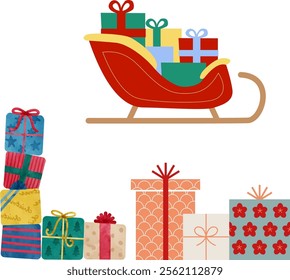 set of illustrations of gifts and santa sleigh on christmas day