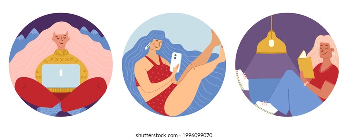 A set of illustrations of a girl busy with reading, with a phone, with a laptop. Lifestyle, remote work, education, free time. Composition in a circle. Simple cute style.